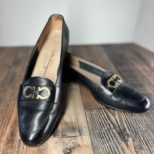 Salvatore Ferragamo Shoes Womens 8 Leather Loafers Arcella Lizzard Luxury Gold